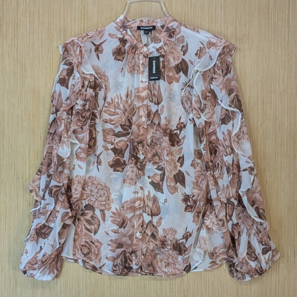 Express Blouse Womens Medium‎ Sheer Floral Ruffle Feminine Romantic Victorian